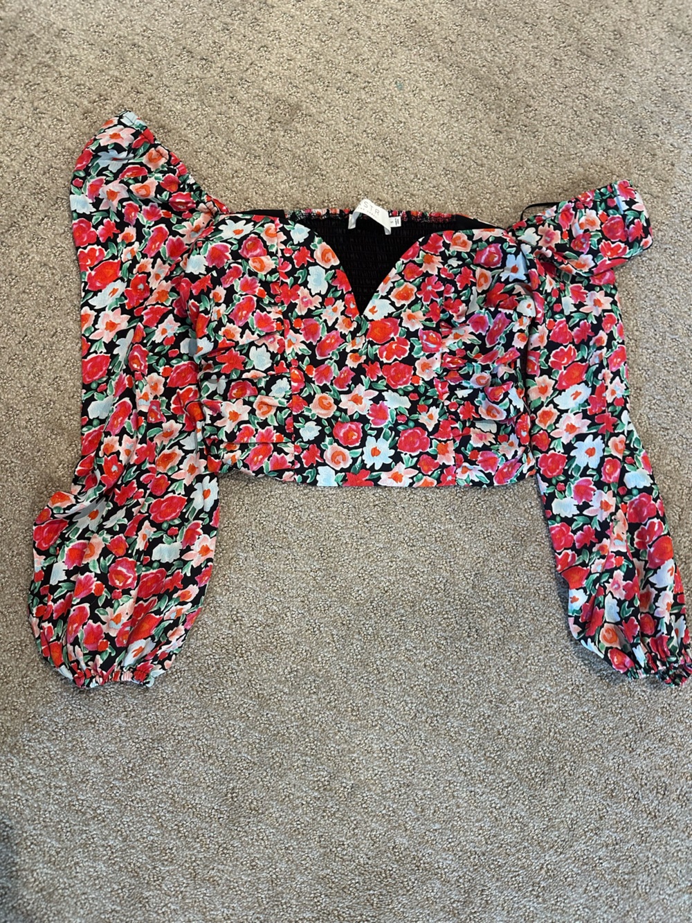 Astr the Label Floral Puff-Sleeve Dress with Red and Pink Blooms